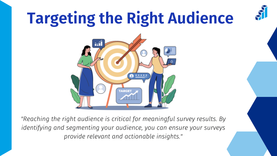 Illustration of two individuals targeting a bullseye with the title 'Targeting the Right Audience' and a sub-statement: 'Reaching the right audience is critical for meaningful survey results. By identifying and segmenting your audience, you can ensure your surveys provide relevant and actionable insights.'