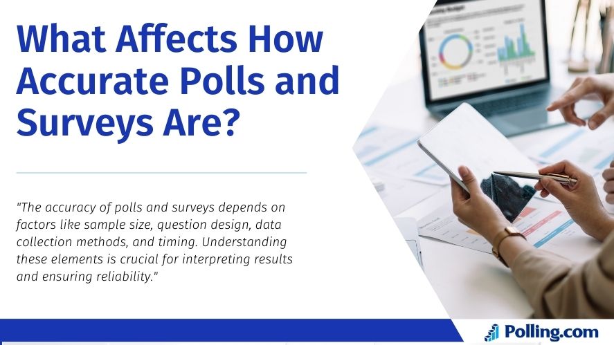 A professional reviewing data charts on a tablet and documents, with the title 'What Affects How Accurate Polls and Surveys Are?' and the sub-statement 'The accuracy of polls and surveys depends on factors like sample size, question design, data collection methods, and timing. Understanding these elements is crucial for interpreting results and ensuring reliability.'