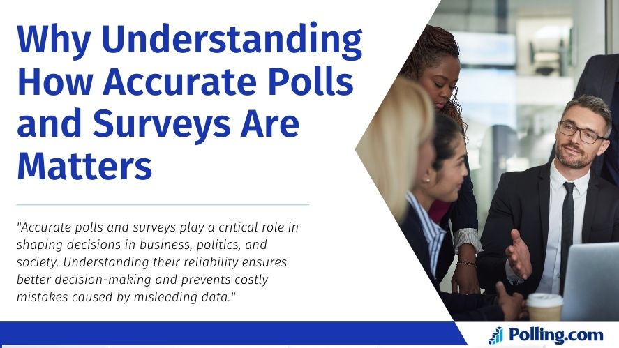 A group of professionals engaged in a discussion, with the title 'Why Understanding How Accurate Polls and Surveys Are Matters' and the sub-statement 'Accurate polls and surveys play a critical role in shaping decisions in business, politics, and society. Understanding their reliability ensures better decision-making and prevents costly mistakes caused by misleading data.'