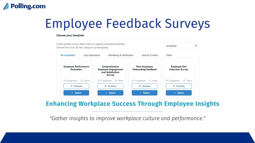 Displaying options such as Employee Performance Evaluation, Employee Engagement, Onboarding Feedback, and Exit Interviews. The title reads 'Employee Feedback Surveys,' with the subtitle 'Enhancing Workplace Success Through Employee Insights' and the tagline 'Gather insights to improve workplace culture and performance.' The design features a blue and white theme with a clean interface.