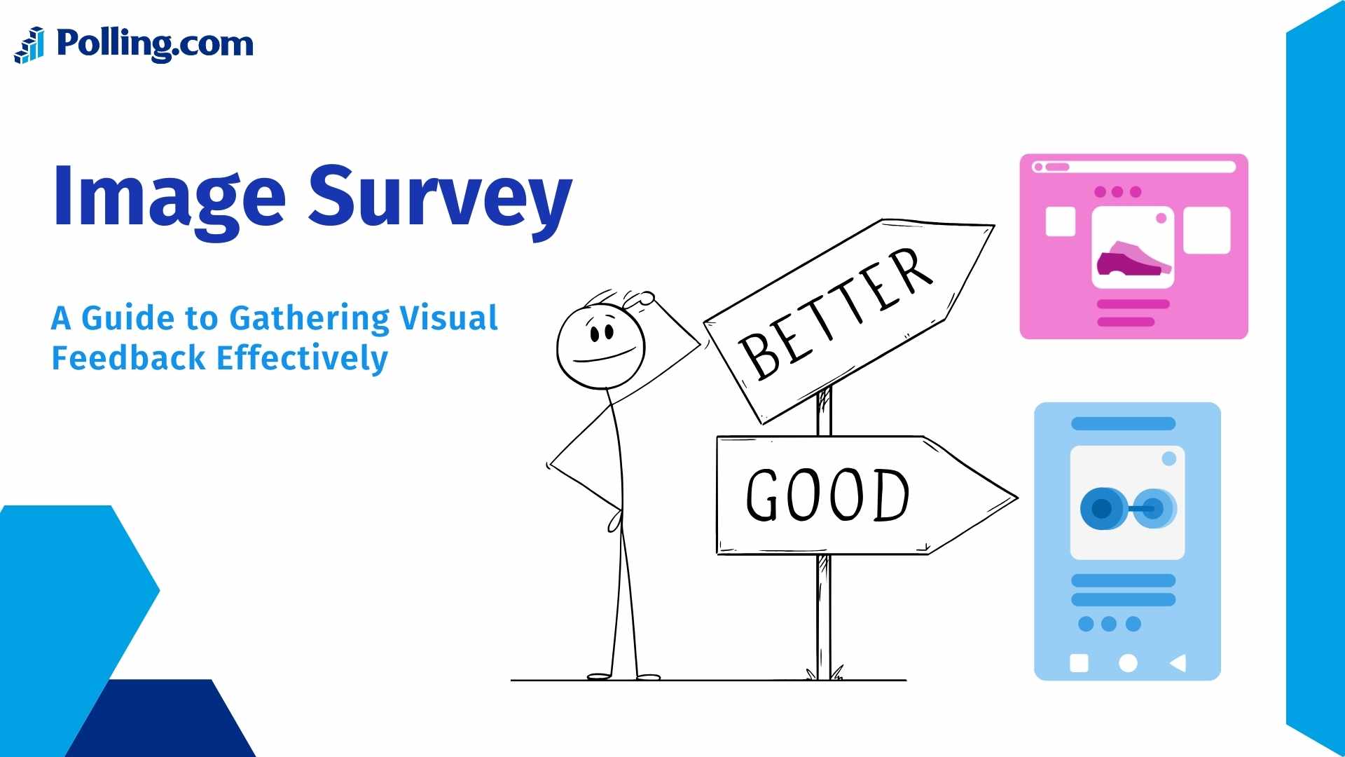 A digital infographic titled 'Image Survey: A Guide to Gathering Visual Feedback Effectively' featuring the Polling.com logo. On the left, bold blue text introduces the topic. In the center, a hand-drawn stick figure looks at a signpost with two arrows labeled 'GOOD' and 'BETTER,' symbolizing decision-making. On the right, two stylized icons represent online product feedback, one showing a shoe and another displaying a pair of glasses. The color scheme includes blue, white, and pink, creating a clean and professional design.