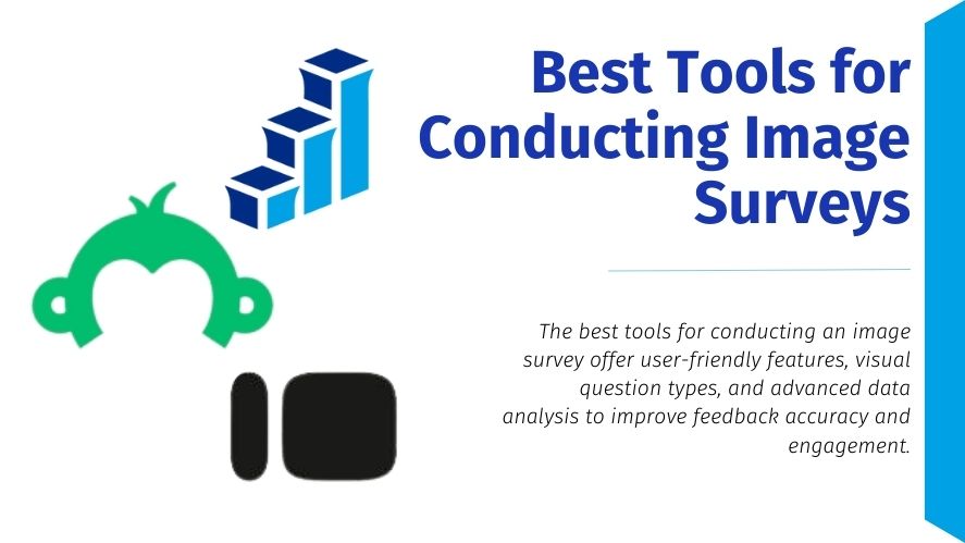  digital infographic titled 'Best Tools for Conducting Image Surveys' with a white and blue theme. On the left, logos of popular survey tools, including SurveyMonkey, Polling.com, and Google Forms, are displayed. On the right, bold blue text introduces the topic, followed by a brief description highlighting the benefits of using user-friendly features, visual question types, and advanced data analysis to improve feedback accuracy and engagement.