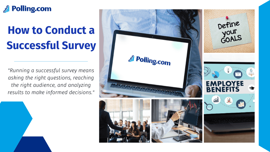 Collage of images representing survey planning, including setting goals, employee benefits, and data analysis, with a central title and a statement about asking the right questions and analyzing results for informed decisions.