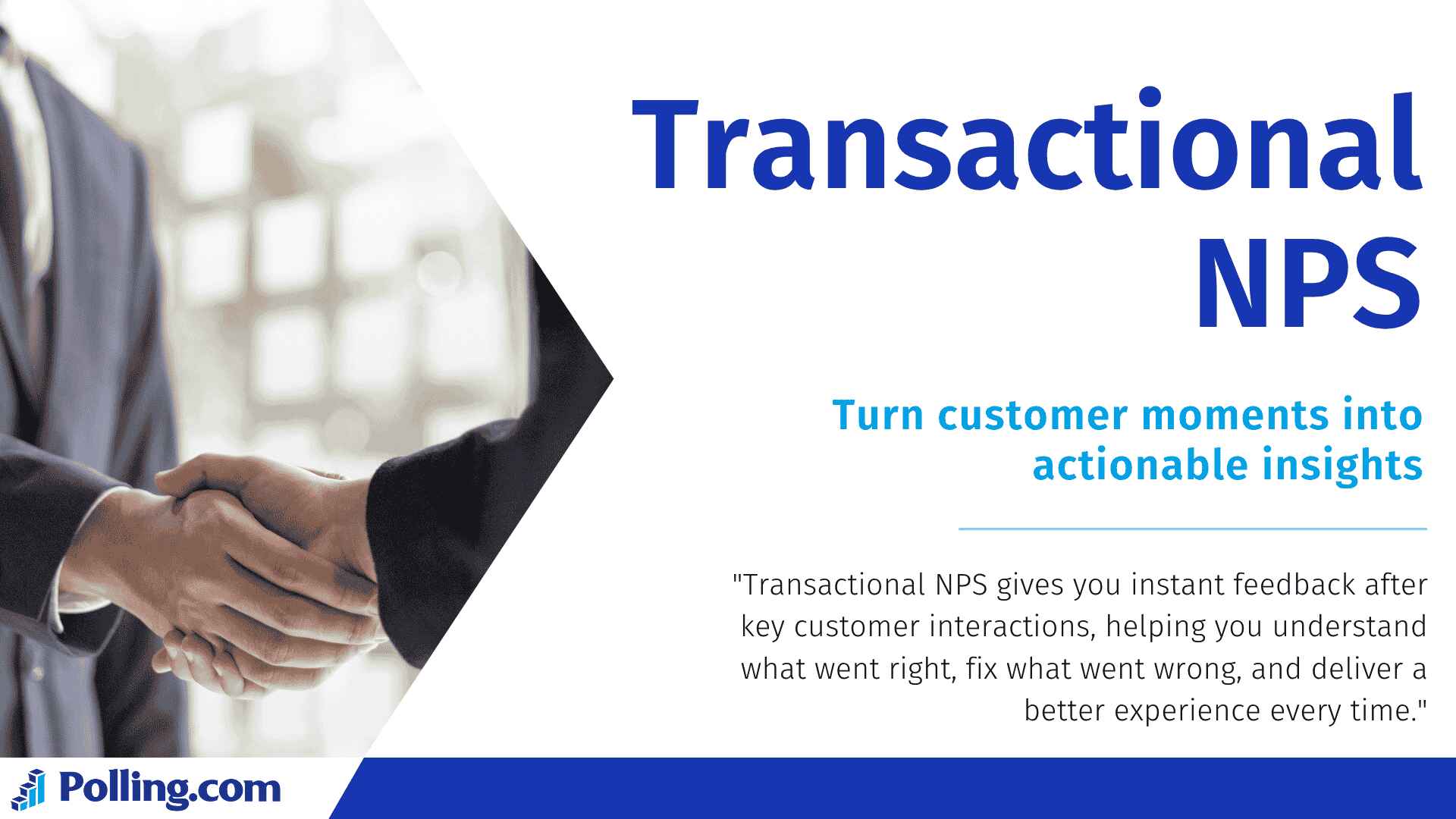 Business professionals shaking hands in the background, with the headline 'Transactional NPS' and the subtitle 'Turn customer moments into actionable insights'. A statement explains how Transactional NPS provides instant feedback to improve customer experience. Polling.com logo appears at the bottom.