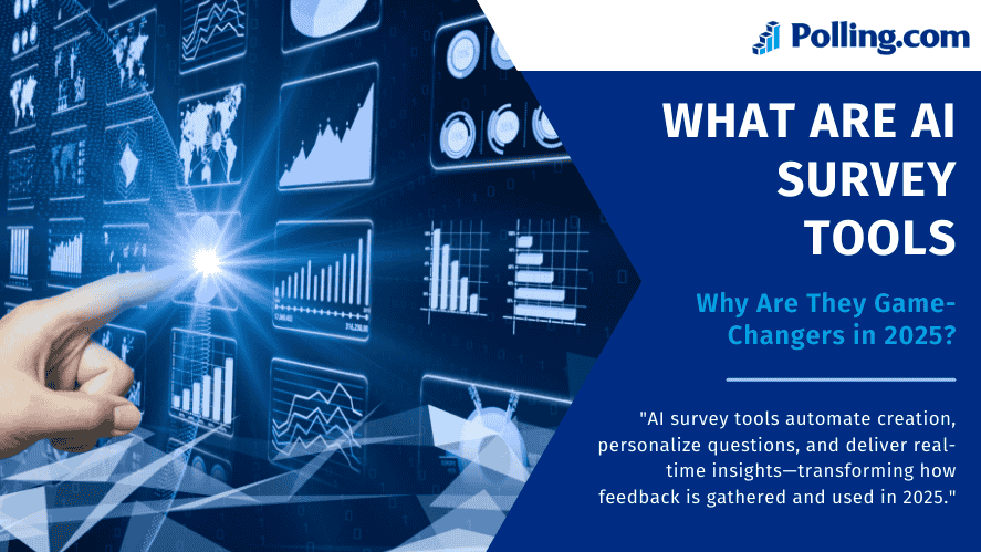A digital-themed promotional banner from Polling.com featuring a hand interacting with futuristic data charts, accompanied by the text “What Are AI Survey Tools” and “Why Are They Game-Changers in 2025?” along with a quote explaining how AI tools automate surveys and improve feedback collection.