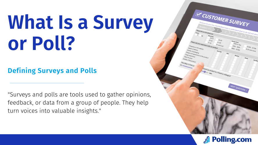Person holding a tablet displaying a customer survey form, with the title 'What Is a Survey or Poll?' and a description explaining that surveys and polls collect feedback and insights from people.