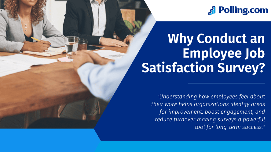 A business meeting scene with professionals seated around a table, overlaid with text: "Why Conduct an Employee Job Satisfaction Survey?" and a quote highlighting the benefits of understanding employee feedback to improve engagement and reduce turnover. The banner features the Polling.com logo.