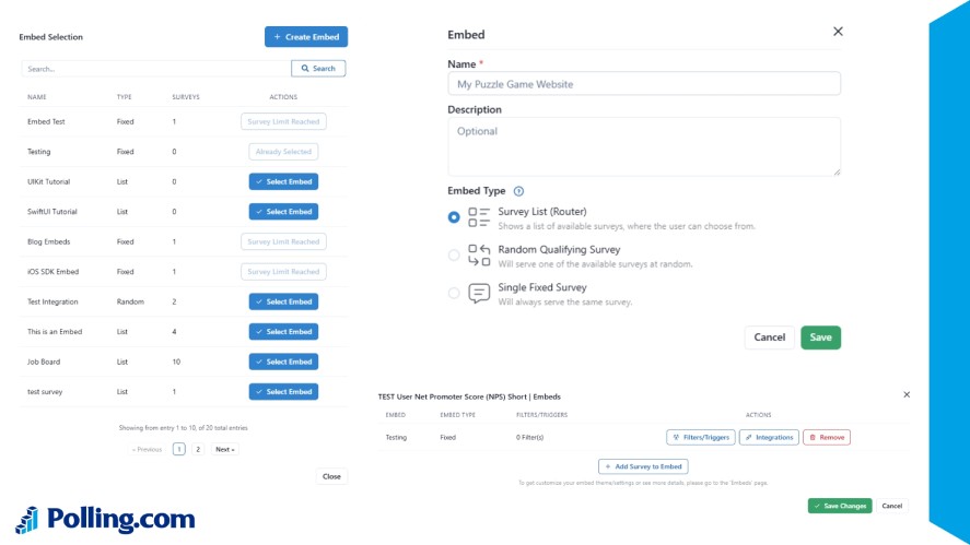 The steps to create a survey embed on Polling.com