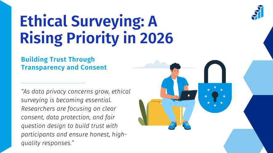Illustration highlighting ethical surveying in 2026, showing data privacy, transparency, and user consent with a lock icon and researcher using a laptop.