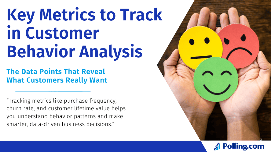 A graphic titled "Key Metrics to Track in Customer Behavior Analysis" with a secondary heading "The Data Points That Reveal What Customers Really Want." The image shows two hands holding smiley face cards representing happy, neutral, and unhappy emotions. A quote explains how tracking metrics like purchase frequency, churn rate, and customer lifetime value helps uncover customer behavior patterns. The graphic includes the Polling.com logo at the bottom.