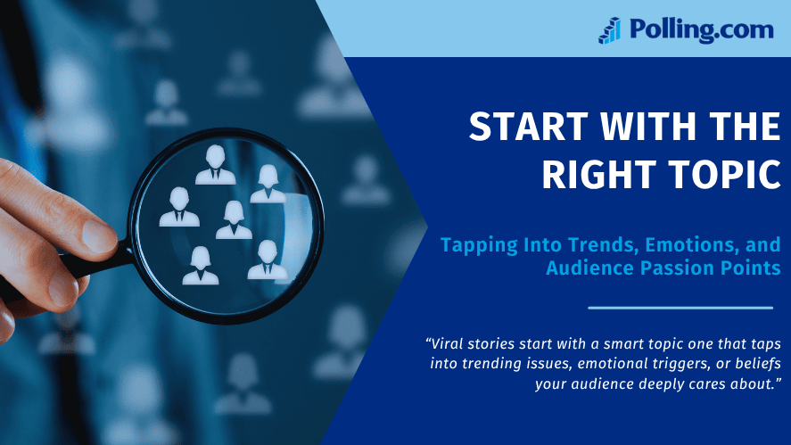 Hand holding a magnifying glass over icons of people, symbolizing audience targeting, with overlaid text: “Start With the Right Topic