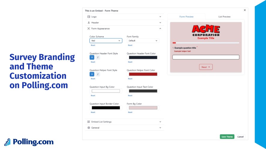 Current survey branding and theme customization options on Polling.com