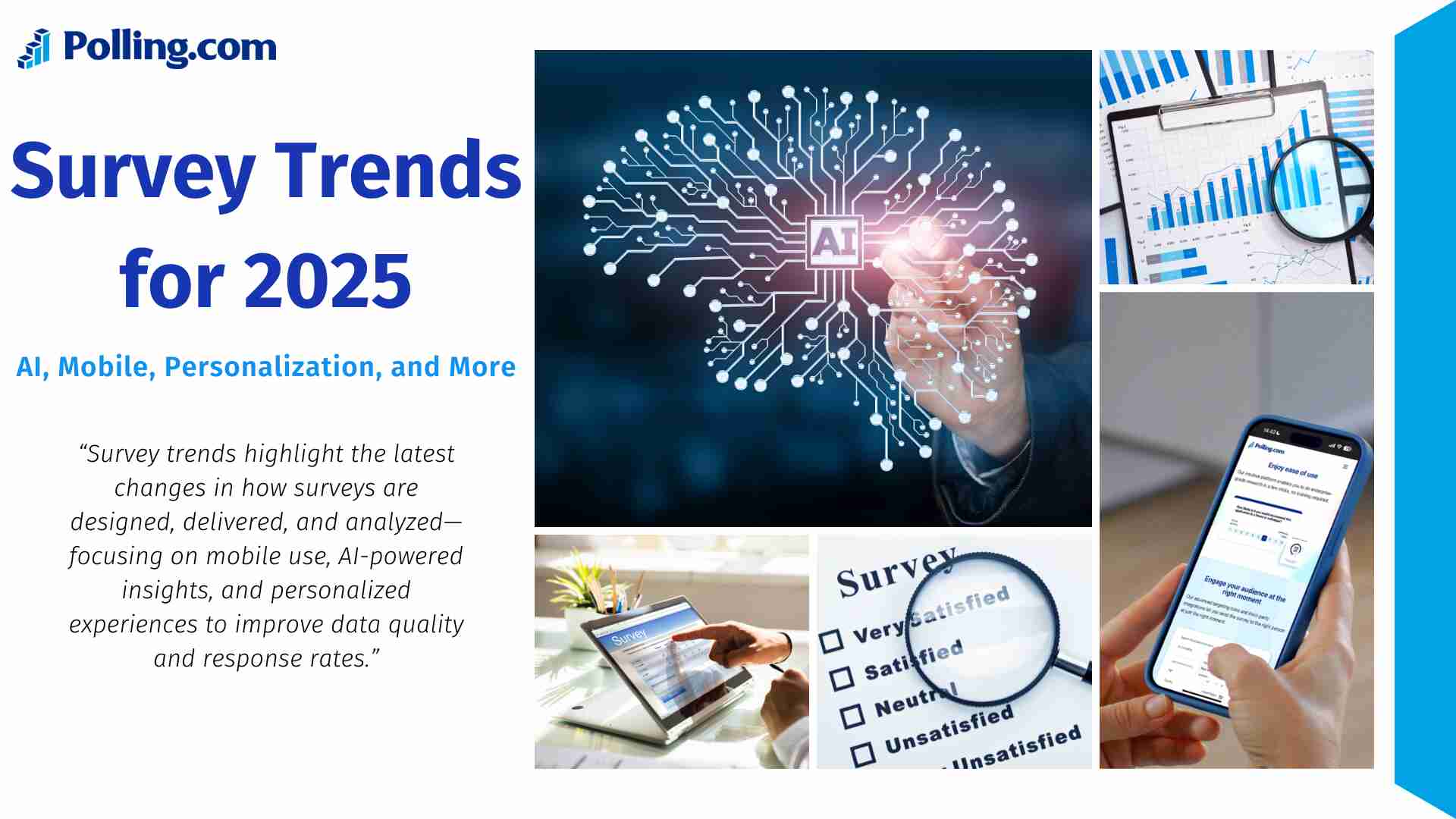 A promotional image titled "Survey Trends for 2025" from Polling.com. It highlights key trends like AI, mobile usage, and personalization in surveys. The layout includes a quote about survey innovations, a central AI circuit graphic, and four supporting images: charts with a magnifying glass, a person using a survey app on a smartphone, someone completing a tablet survey, and a close-up of a satisfaction rating form.