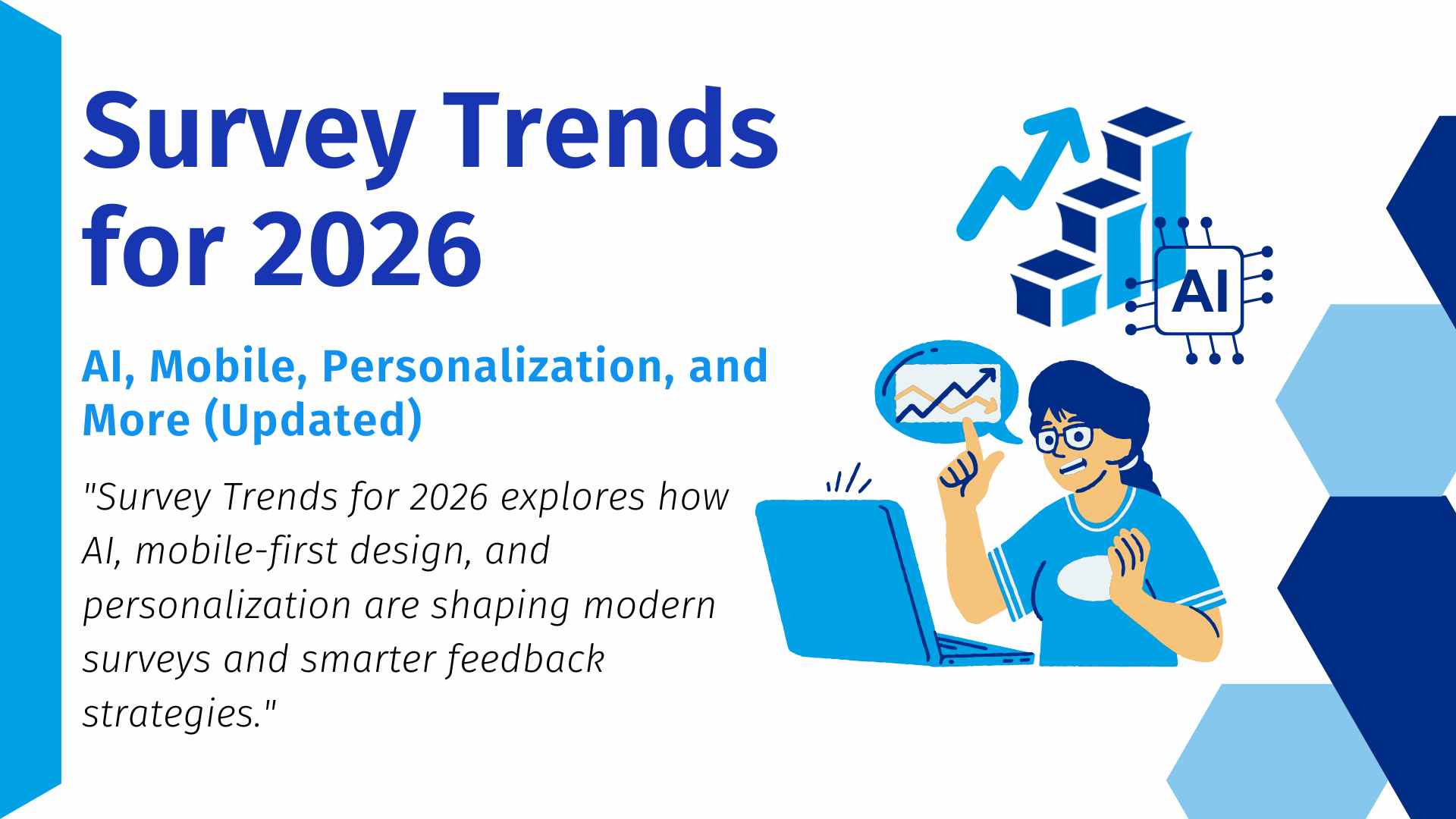 Survey Trends for 2026 featuring AI analytics, mobile-first surveys, personalization, and data-driven feedback insights illustrated with charts and technology icons.