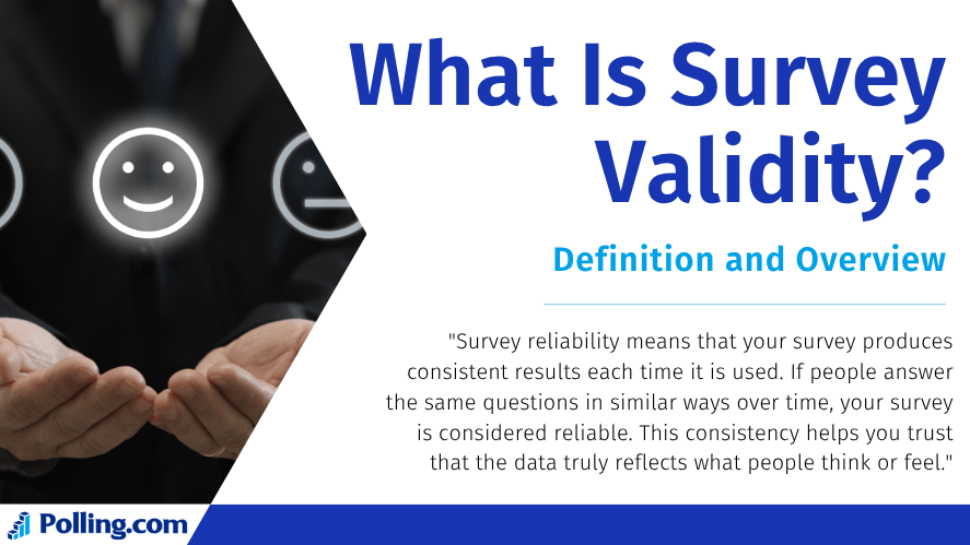 Person holding glowing smiley face icons with the text 'What Is Survey Validity? Definition and Overview' and a description about survey reliability from Polling.com.