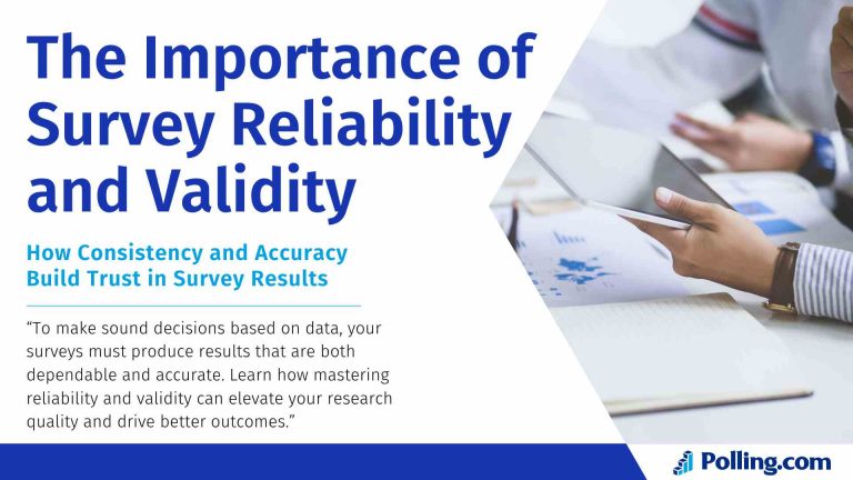 People reviewing survey data on tablets and printed reports with the text 'The Importance of Survey Reliability and Validity – How Consistency and Accuracy Build Trust in Survey Results' and the Polling.com logo.