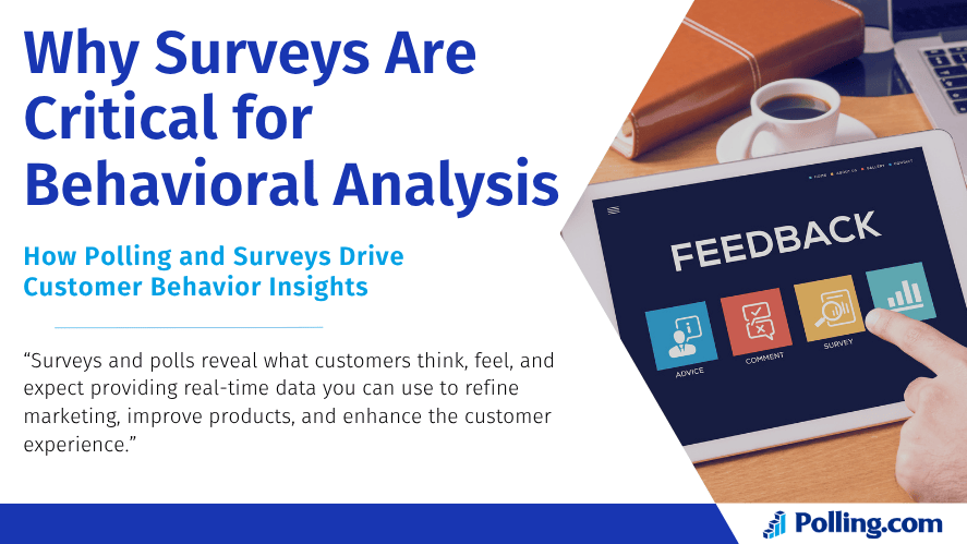 A graphic titled "Why Surveys Are Critical for Behavioral Analysis" with a subheading "How Polling and Surveys Drive Customer Behavior Insights." The image shows a hand pointing at a tablet screen displaying feedback icons labeled advice, comment, survey, and rating. A quote underneath explains how surveys and polls offer real-time data that helps improve marketing, products, and customer experience. The Polling.com logo is visible at the bottom.