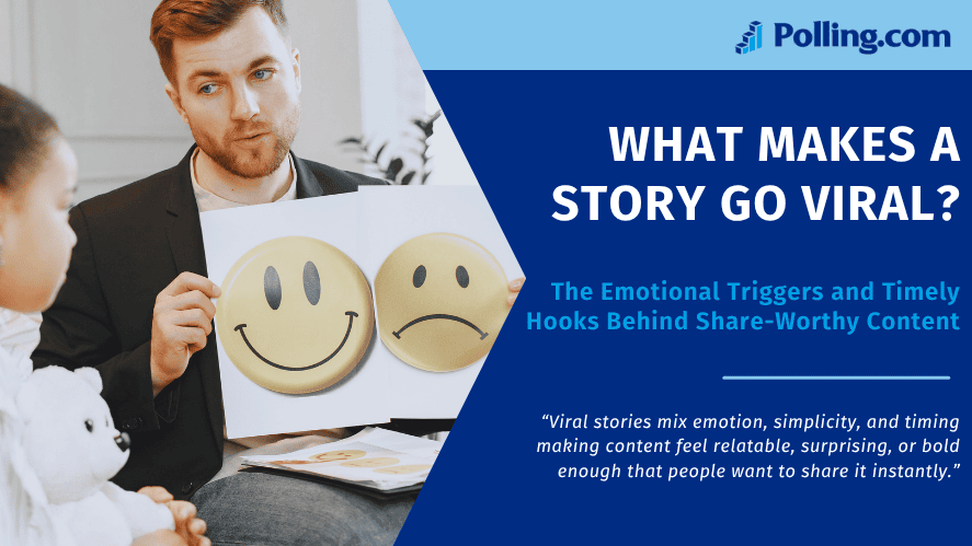 Man showing happy and sad face cards during a session, with overlaid text: “What Makes a Story Go Viral? – The Emotional Triggers and Timely Hooks Behind Share-Worthy Content,” including a quote about emotion and shareability.