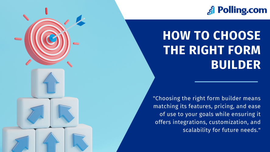 Stacked cubes with upward arrows leading to a target with an arrow in the center, next to the headline “How to Choose the Right Form Builder” and a statement about matching features, pricing, and scalability to your goals, with Polling.com branding