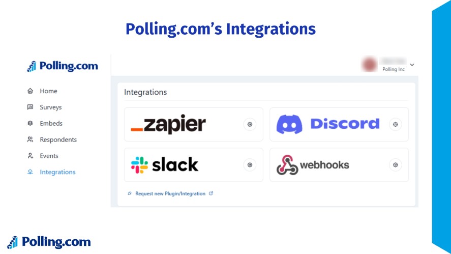 Polling.com's integrations with Zapier, Discord, Slack, and webhooks
