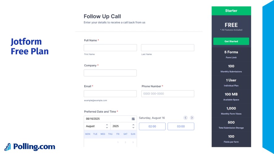 Jotform's form example and free plan list