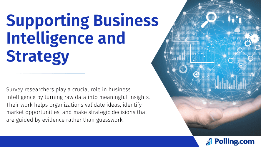 Visual of a hand holding a glowing digital globe with data icons, representing business intelligence. Accompanied by the title 'Supporting Business Intelligence and Strategy' and a statement about how survey researchers help organizations turn data into strategic decisions. Polling.com logo appears at the bottom.