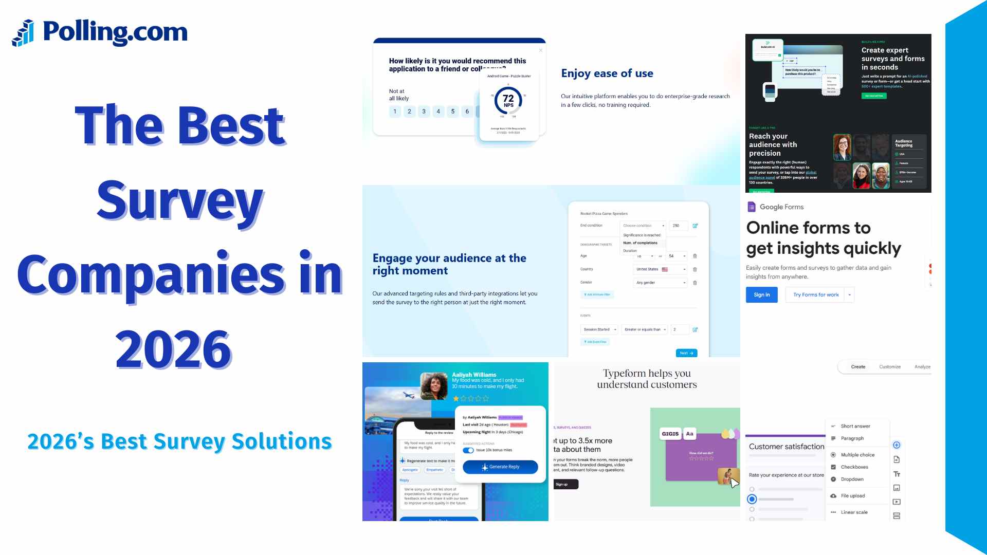The Best Survey Companies in 2026 comparison featuring Polling.com, Google Forms, Typeform, and survey platform dashboards.