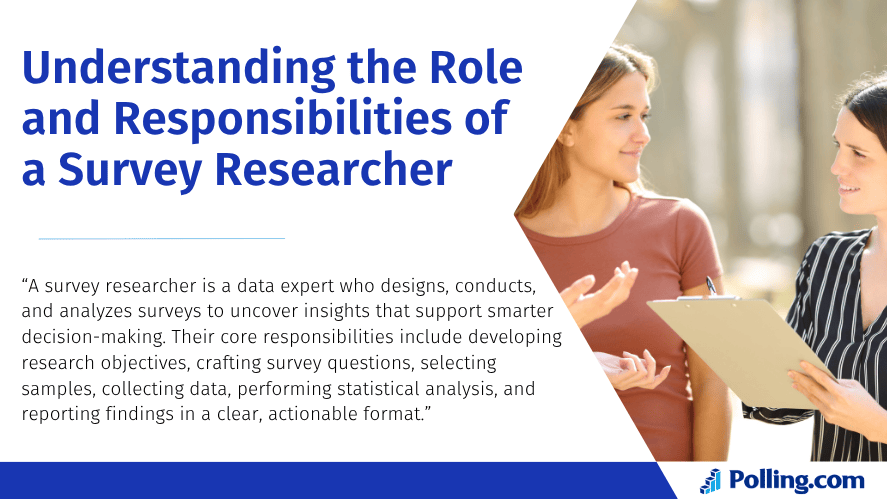 Two women discussing survey data, with one holding a clipboard, alongside text describing the role and responsibilities of a survey researcher. The quote highlights the key duties such as designing surveys, analyzing data, and reporting insights. Polling.com logo is visible at the bottom.