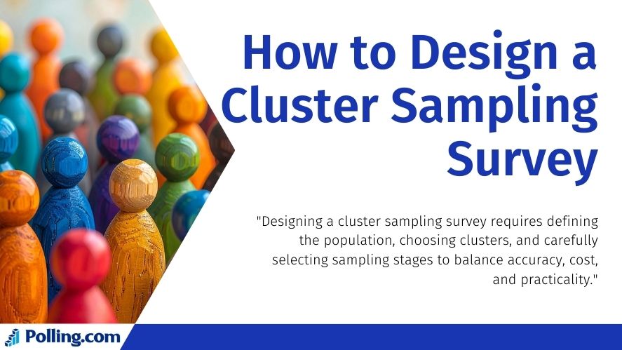Infographic titled How to Design a Cluster Sampling Survey with colorful wooden figures, highlighting the steps needed for accurate and practical survey design.