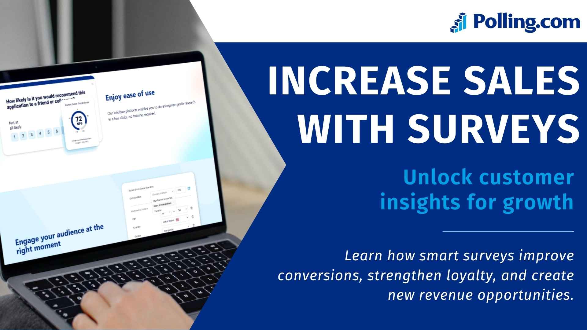 Featured image showing a laptop with survey software and the text ‘Increase Sales with Surveys – Unlock customer insights for growth.’
