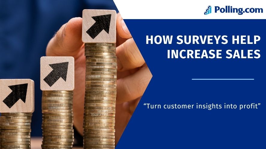 Stacked coins with upward arrows symbolizing growth, alongside the text ‘How Surveys Help Increase Sales – Turn customer insights into profit.
