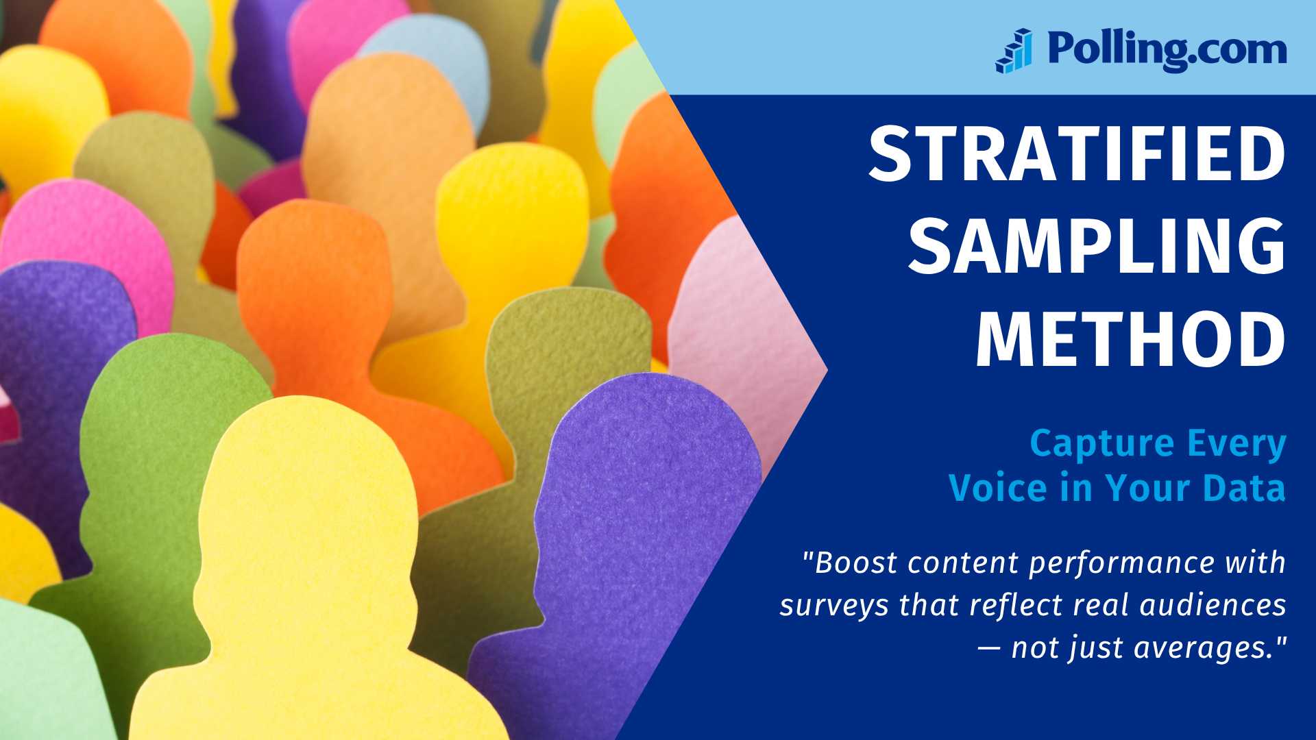 Colorful paper silhouettes representing diverse demographics, illustrating the stratified sampling method used in survey research by Polling.com.