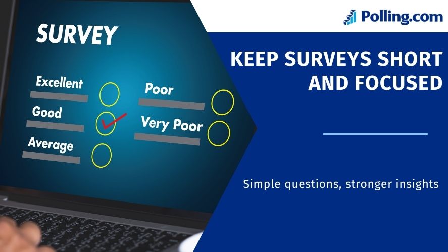 Laptop screen showing survey rating options with text ‘Keep Surveys Short and Focused – Simple questions, stronger insights.