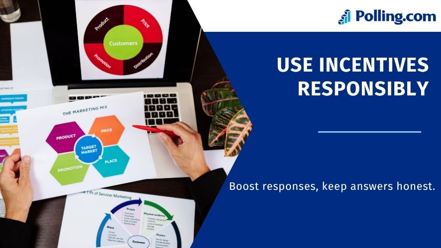 Hands reviewing marketing mix charts on a laptop with text ‘Use Incentives Responsibly – Boost responses, keep answers honest.