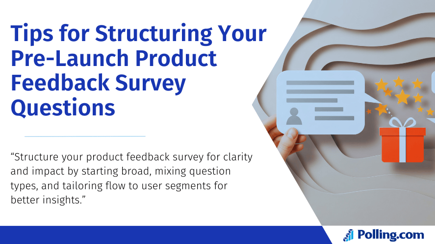 An illustrated survey feedback concept with the title "Tips for Structuring Your Pre-Launch Product Feedback Survey Questions" and a quote about organizing questions for clarity and insights.