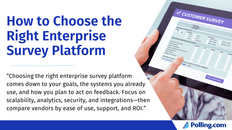 Graphic titled ‘How to Choose the Right Enterprise Survey Platform’ with a short quote about goals, scalability, analytics, security, integrations, and a tablet showing a customer survey; Polling.com logo.