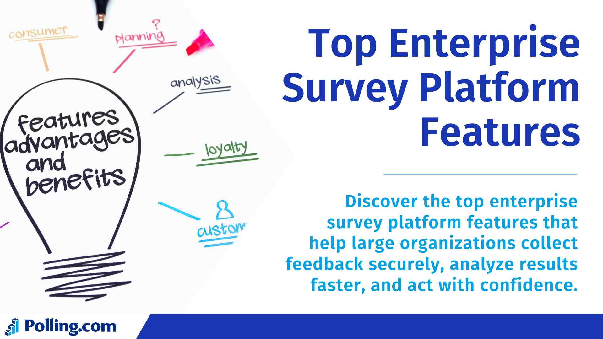 Top Enterprise Survey Platform Features featured image with a lightbulb sketch, keyword notes, and Polling.com branding.
