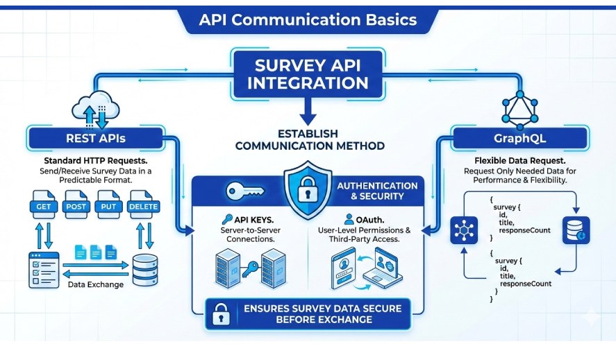 A graph showing API communication basics with REST APIs, GraphQL, and establish communication methods
