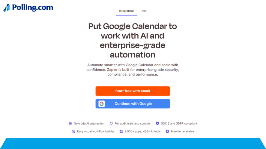 Zapier integration page for Google Calendar showcasing AI automation features and sign-up options for streamlined scheduling workflows.