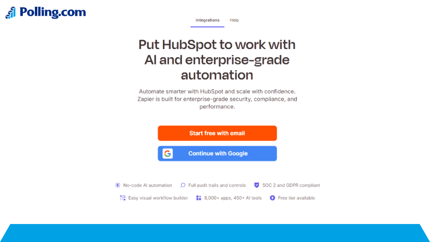 HubSpot and Zapier integration page, showcasing enterprise-grade AI tools for secure marketing automation.