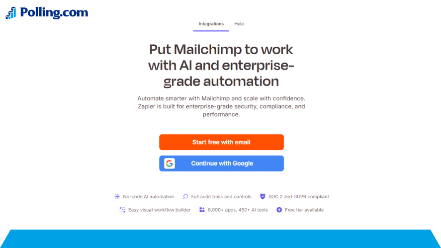 Mailchimp and Zapier integration screen for setting up AI-driven marketing automation with email and Google sign-in choices.