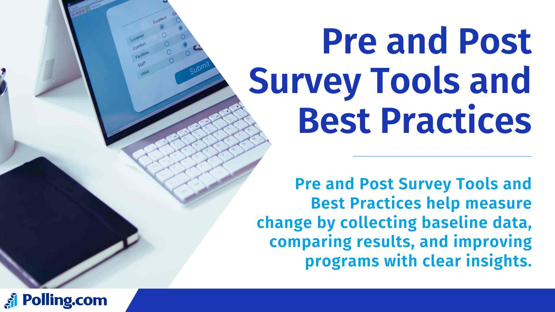 Laptop displaying an online survey form beside a notebook with text overlay reading Pre and Post Survey Tools and Best Practices and Polling.com logo.