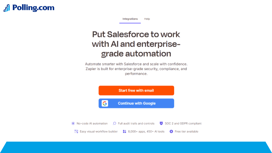 Zapier integration screen showing Salesforce automation setup with options to start with email or Google, highlighting enterprise-grade AI features.
