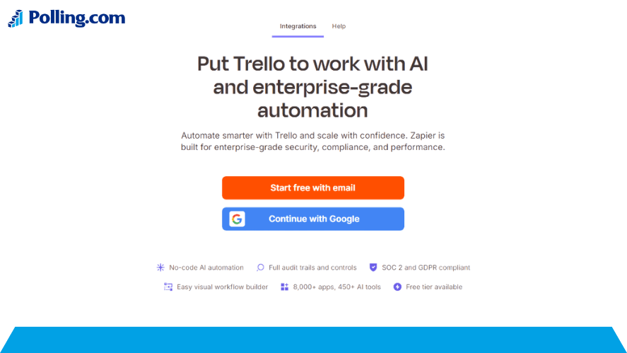 Trello integration screen with Zapier, enabling secure, no-code AI automation and scalable workflow management.