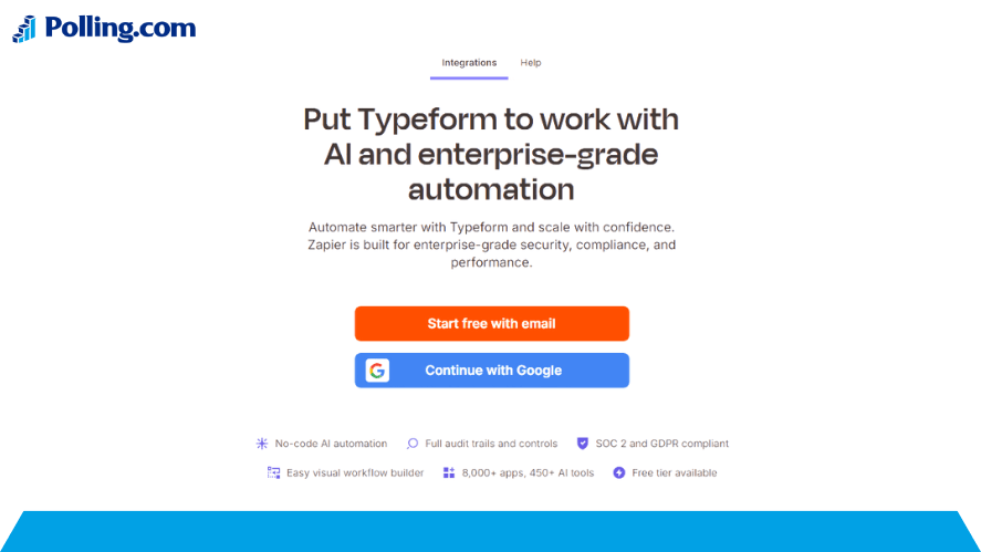 Typeform automation setup using Zapier, emphasizing scalable AI workflows and secure integration options.