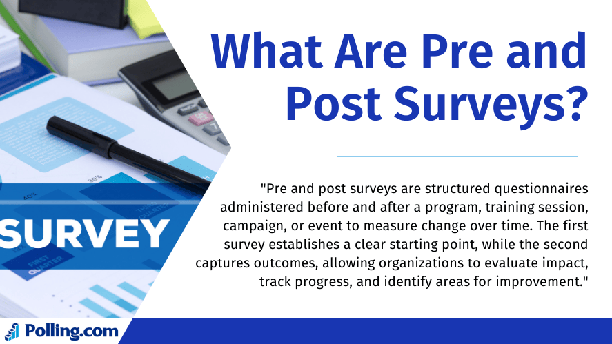Clipboard with survey charts and calculator with heading What Are Pre and Post Surveys and description about measuring change before and after programs.