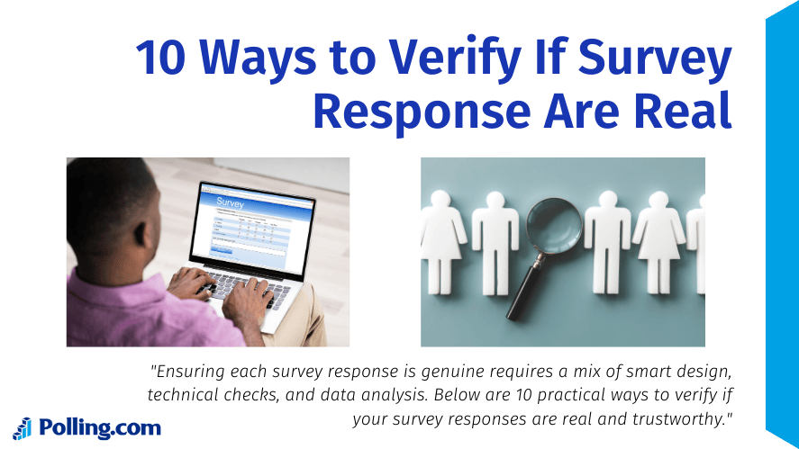 Person completing online survey on laptop beside magnifying glass over figures representing ways to verify real survey responses.