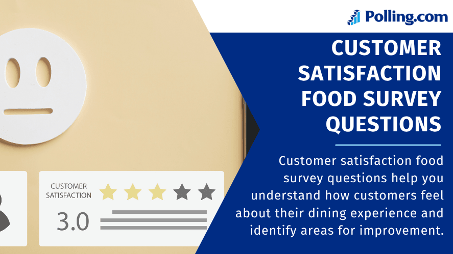 Customer satisfaction food survey illustration with rating stars and feedback icons, representing customer experience and survey results.