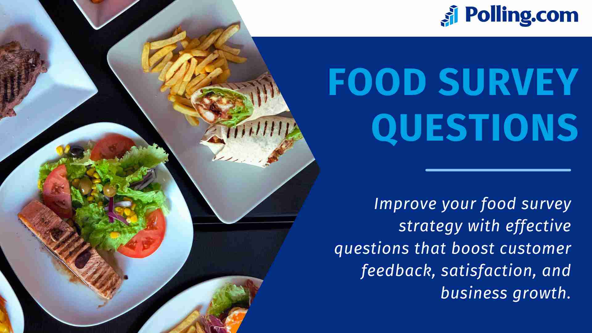 Food survey questions banner with various dishes and text about improving customer feedback and business growth using effective surveys.