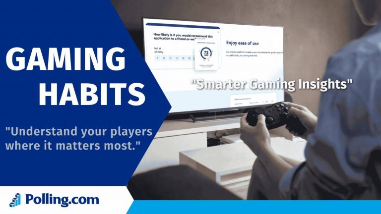 Person playing video games at home while viewing a gaming survey on screen about gaming habits and player insights